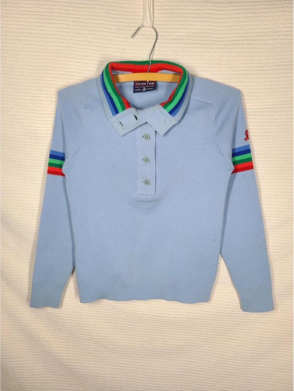 Vtg 70s Ski Sweater Demetre 100% Wool Knit Rainbow Stripe Women’s Small Snow - Picture 3 of 12